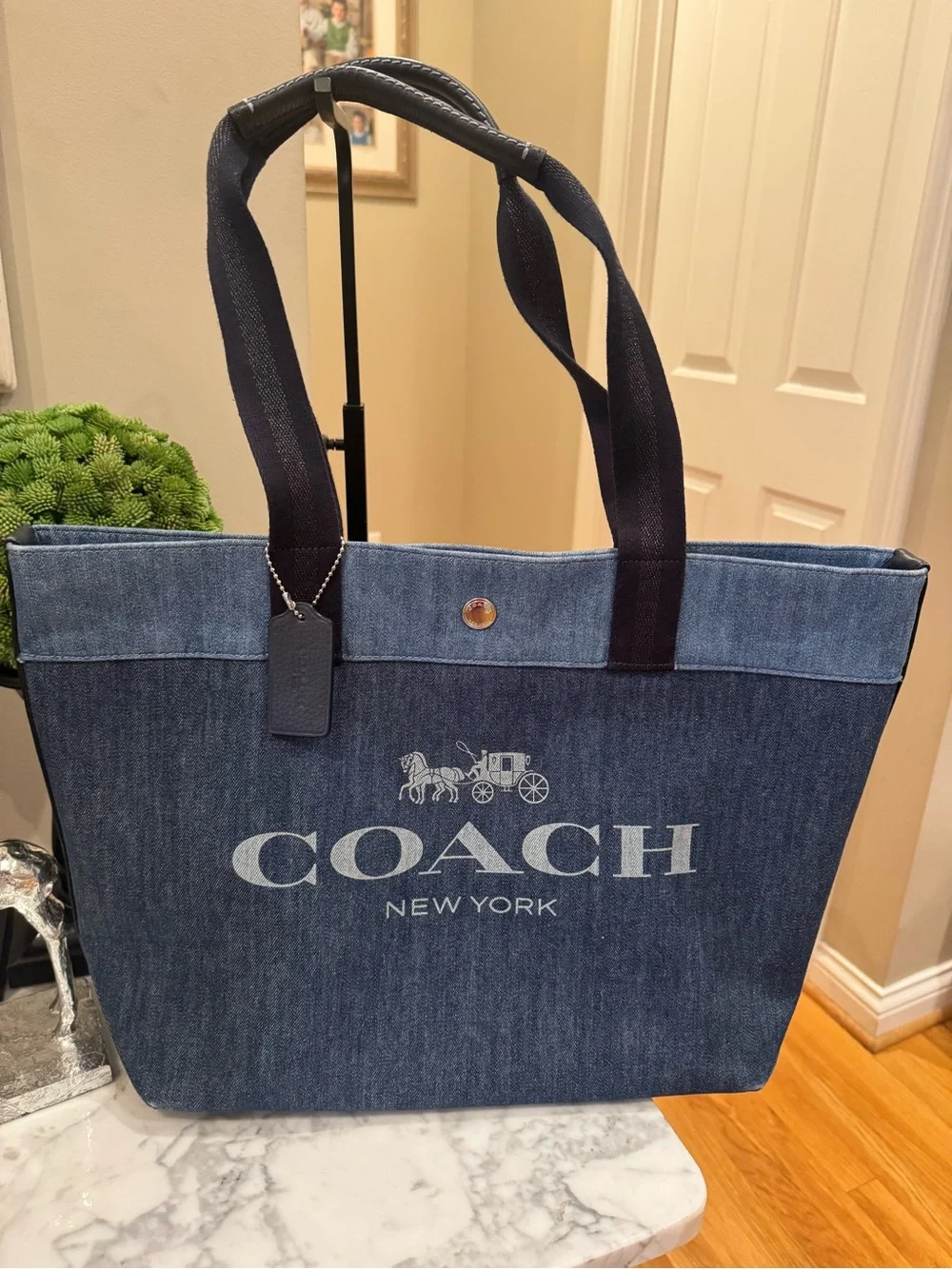 Coach Denim Logo Tote Bag Blue Denim w/Leather Trim VERY NICE CONDITION - Picture 5 of 15